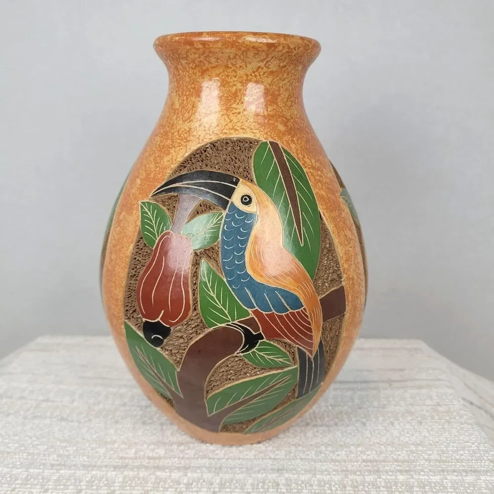 Costa Rica Folk Art Pottery Vase Hand Painted Carved Toucans & Parrots Pair 7